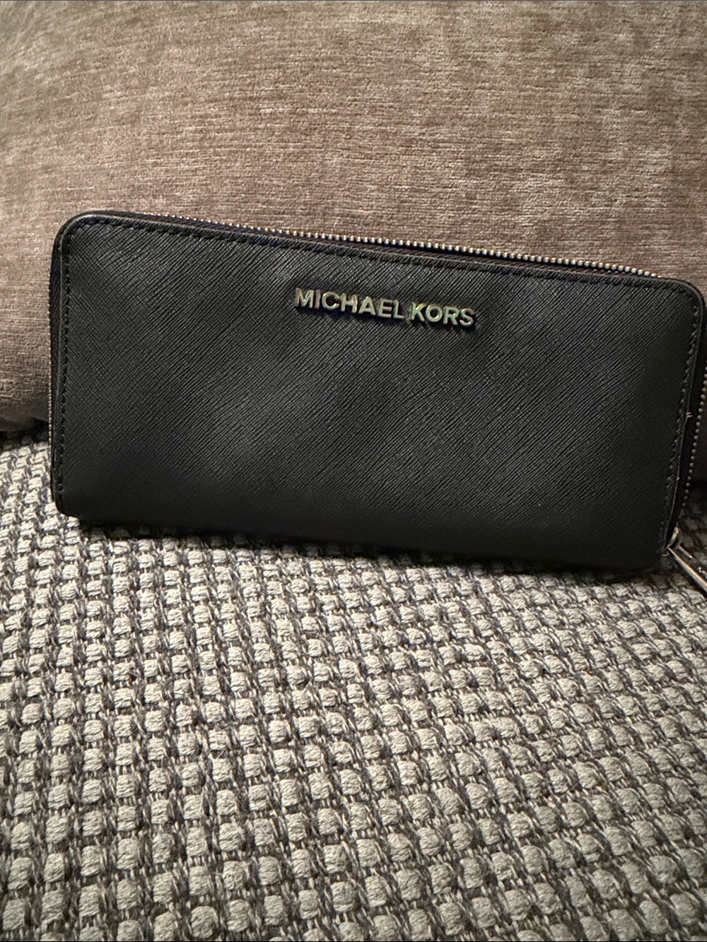 Michael Kors Black Zip-Around Saffiano Wallet with Gold Logo